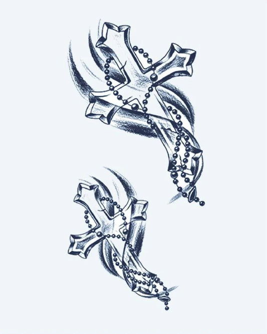 Tatuaje semi-permanente Cruces y Rosario diseño de INKON – ilustración de ornamentado, gótico, cruces, conectado, fluido, 4 x 7 in (10x17cm), disponible en inkon.co