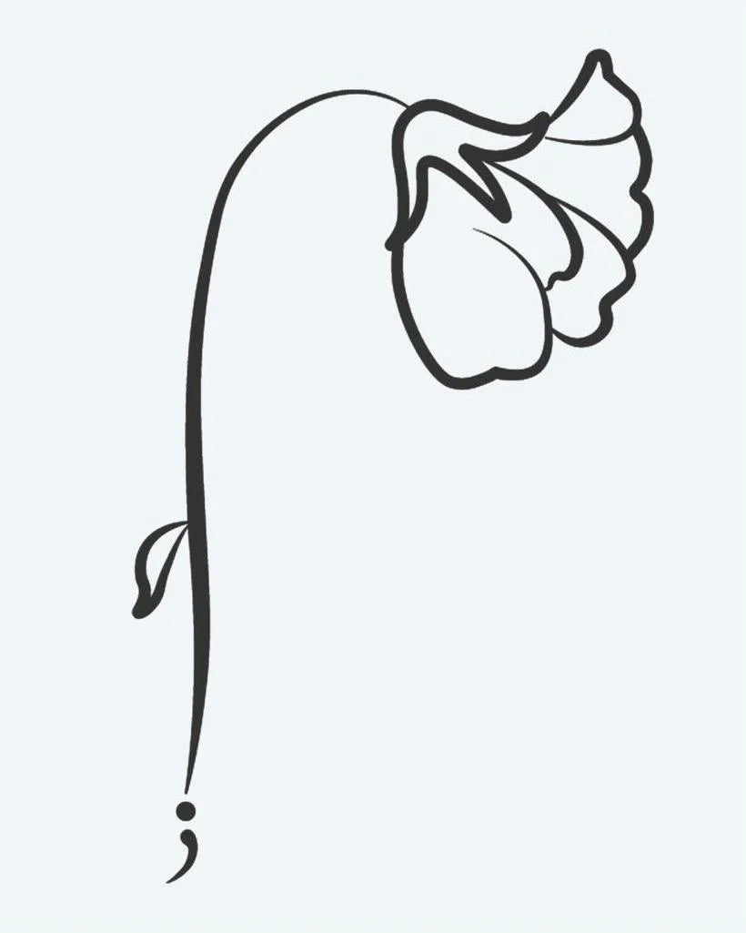 Tatuaje semi-permanente Flor con Punto y Coma diseño de INKON – ilustración de caído, flor, punto y coma, tallo, base, 2 x 2 in (5x5cm), disponible en inkon.co