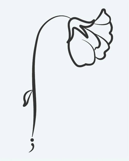 Tatuaje semi-permanente Flor con Punto y Coma diseño de INKON – ilustración de caído, flor, punto y coma, tallo, base, 2 x 2 in (5x5cm), disponible en inkon.co
