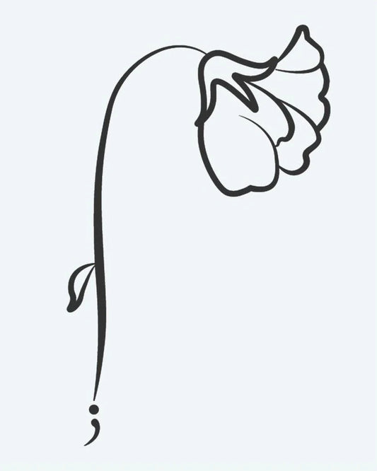 Tatuaje semi-permanente Flor con Punto y Coma diseño de INKON – ilustración de caído, flor, punto y coma, tallo, base, 2 x 2 in (5x5cm), disponible en inkon.co