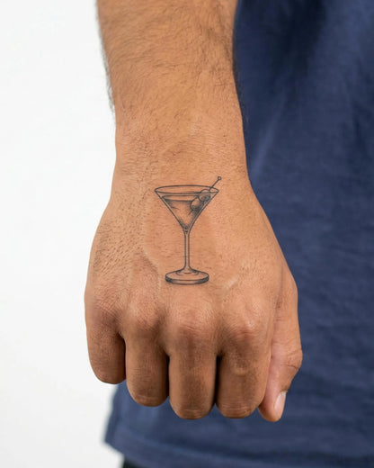 INKON Copa de Martini tatuaje semi-permanente aplicado en un hombre – diseño de 2 x 2 in (5x5cm), apariencia de tinta realista, dura 10 días