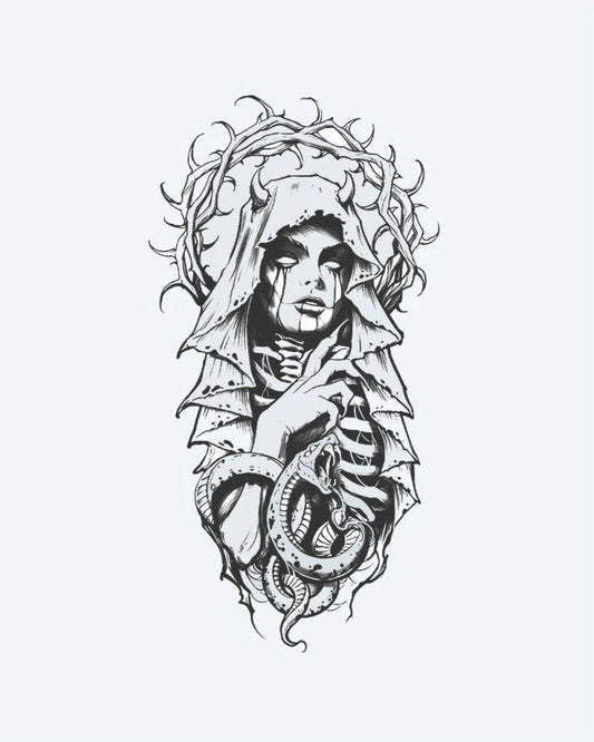 Tatuaje semi-permanente Dama Velada y Serpiente diseño de INKON – ilustración de oscuro, gótico, velado, llorando, mujer, 4 x 8 in (11x21cm), disponible en inkon.co