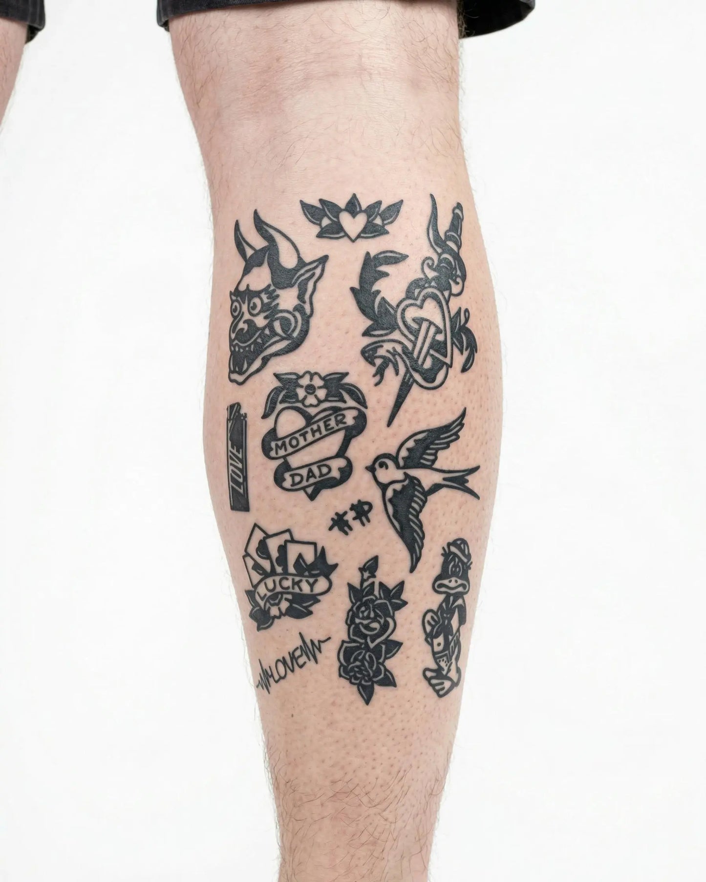 INKON Flash Sheet Old School tatuaje semi-permanente aplicado en un hombre – diseño de 4 x 7 in (10x17cm), apariencia de tinta realista, dura 10 días
