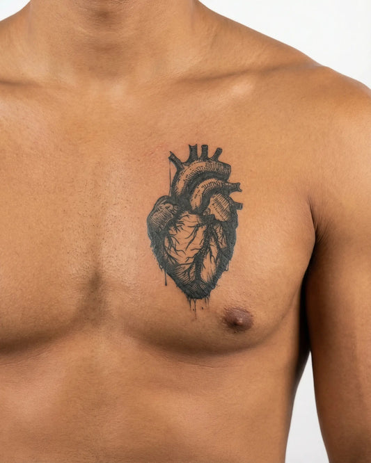 INKON Corazón Anatómico tatuaje semi-permanente aplicado en un hombre – diseño de 4 x 4 in (9x9cm), apariencia de tinta realista, dura 10 días