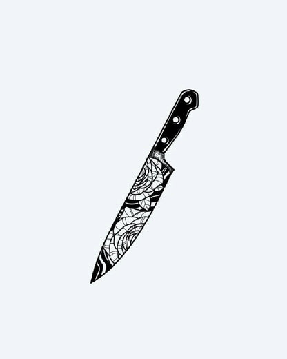 Tatuaje semi-permanente Cuchillo de Chef con Rosa diseño de INKON – ilustración de ilustrativo, blackwork, chef, cuchillo, grabado, 3 x 4 in (6x11cm), disponible en inkon.co