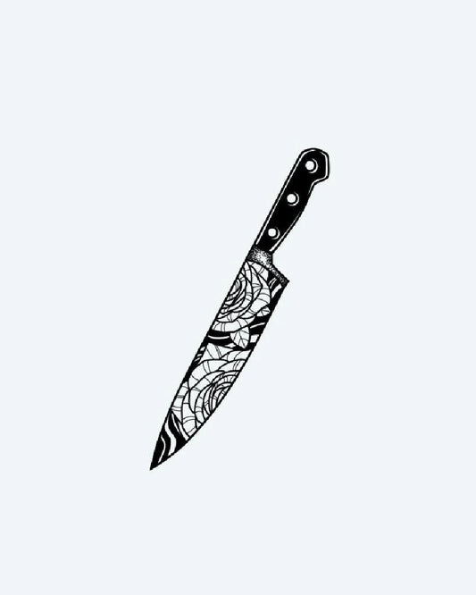 Tatuaje semi-permanente Cuchillo de Chef con Rosa diseño de INKON – ilustración de ilustrativo, blackwork, chef, cuchillo, grabado, 3 x 4 in (6x11cm), disponible en inkon.co