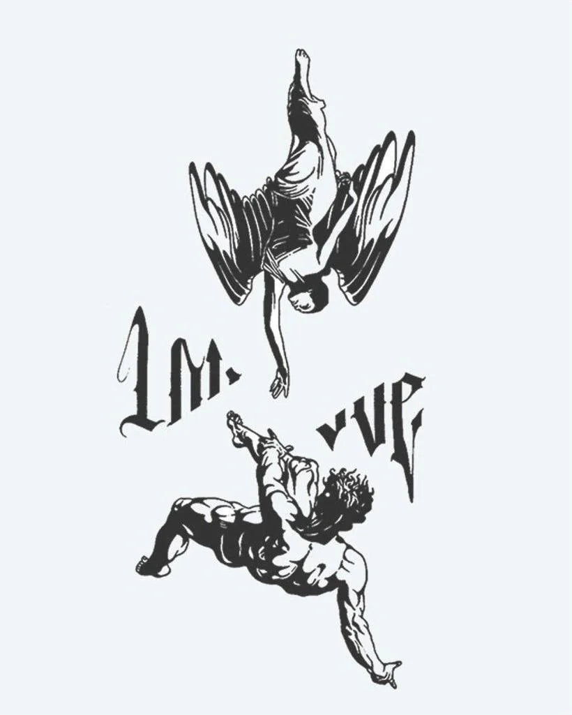Tatuaje semi-permanente Ángeles Caídos y Letras diseño de INKON – ilustración de dramático, escena, cayendo, ángel, alcanzando, 4 x 8 in (11x21cm), disponible en inkon.co