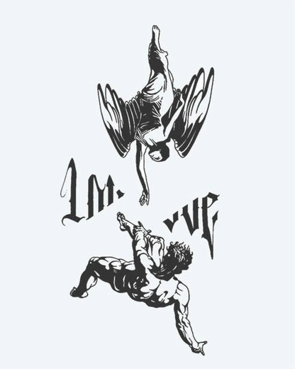Tatuaje semi-permanente Ángeles Caídos y Letras diseño de INKON – ilustración de dramático, escena, cayendo, ángel, alcanzando, 4 x 8 in (11x21cm), disponible en inkon.co
