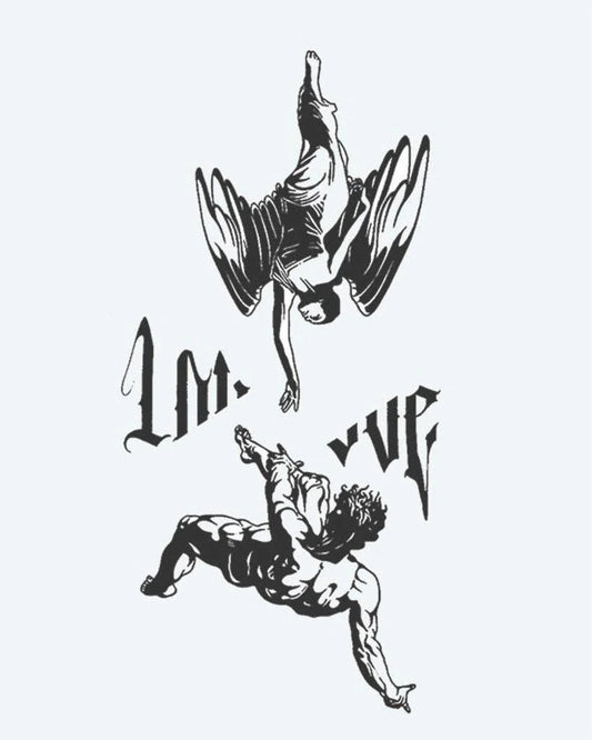 Tatuaje semi-permanente Ángeles Caídos y Letras diseño de INKON – ilustración de dramático, escena, cayendo, ángel, alcanzando, 4 x 8 in (11x21cm), disponible en inkon.co