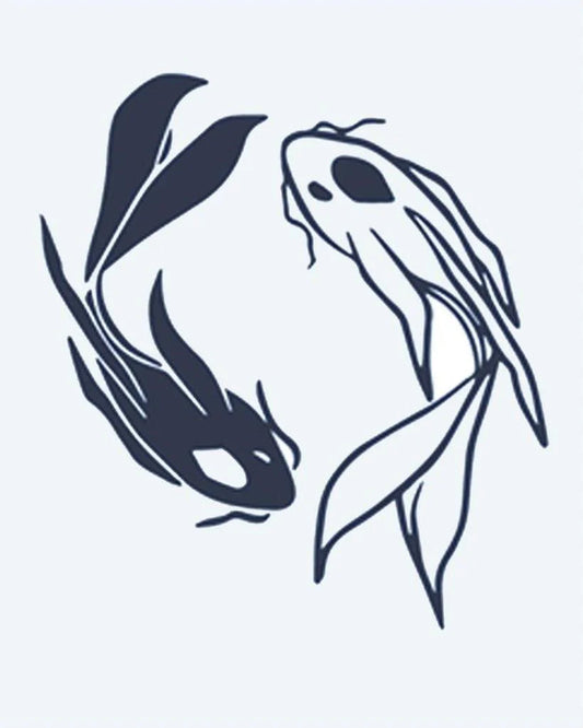 Tatuaje semi-permanente Dúo de Peces Koi diseño de INKON – ilustración de pez, nadando, circular, formación, japonés, 2 x 2 in (5x5cm), disponible en inkon.co