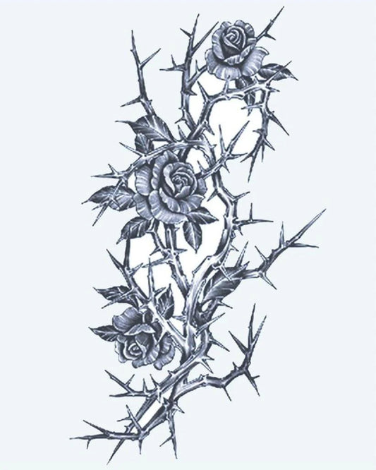 Tatuaje semi-permanente Rosas y Espinas diseño de INKON – ilustración de tres, floreciendo, rosas, espinoso, rama, 4 x 7 in (10x17cm), disponible en inkon.co