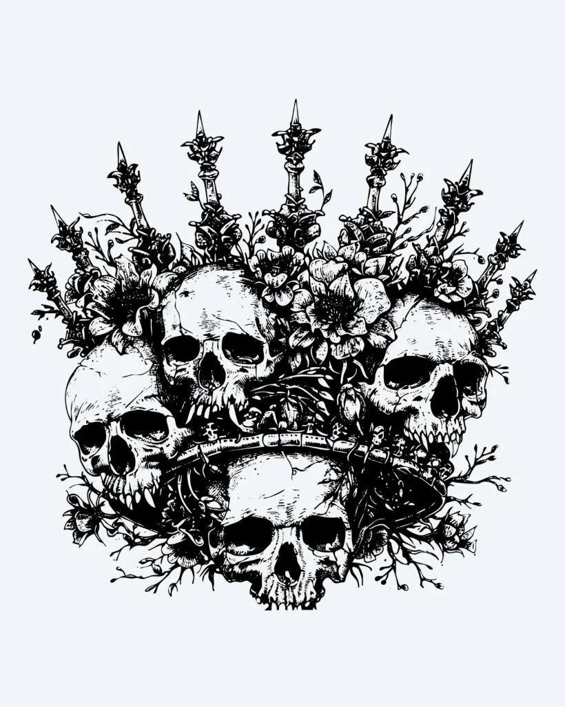 Tatuaje semi-permanente Corona de Calaveras diseño de INKON – ilustración de corona, múltiples, humano, calaveras, adornado, 4 x 4 in (9x9cm), disponible en inkon.co