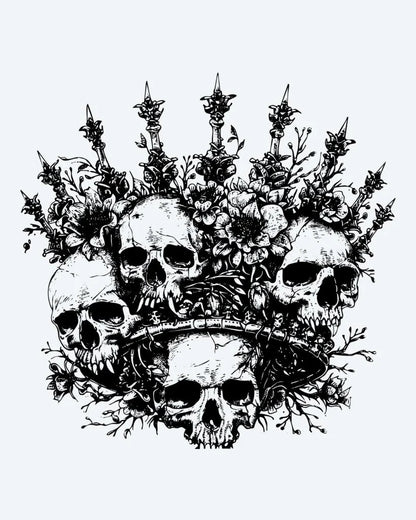 Tatuaje semi-permanente Corona de Calaveras diseño de INKON – ilustración de corona, múltiples, humano, calaveras, adornado, 4 x 4 in (9x9cm), disponible en inkon.co