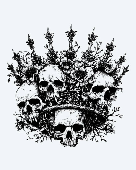 Tatuaje semi-permanente Corona de Calaveras diseño de INKON – ilustración de corona, múltiples, humano, calaveras, adornado, 4 x 4 in (9x9cm), disponible en inkon.co