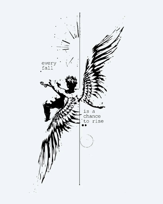 Tatuaje semi-permanente Ángel Caído y Frase diseño de INKON – ilustración de inspiracional, caído, ángel, extendido, alas, 4 x 8 in (11x21cm), disponible en inkon.co