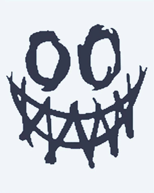 Tatuaje semi-permanente Sonrisa Siniestra diseño de INKON – ilustración de perturbador, grunge, carita feliz, rostro, hueco, 2 x 2 in (5x5cm), disponible en inkon.co