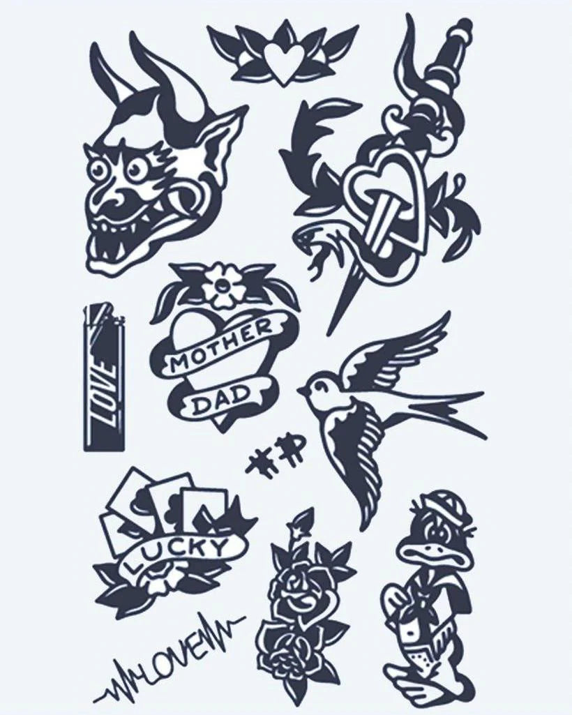 Tatuaje semi-permanente Flash Sheet Old School diseño de INKON – ilustración de americano, flash, hoja, máscara, golondrina, 4 x 7 in (10x17cm), disponible en inkon.co
