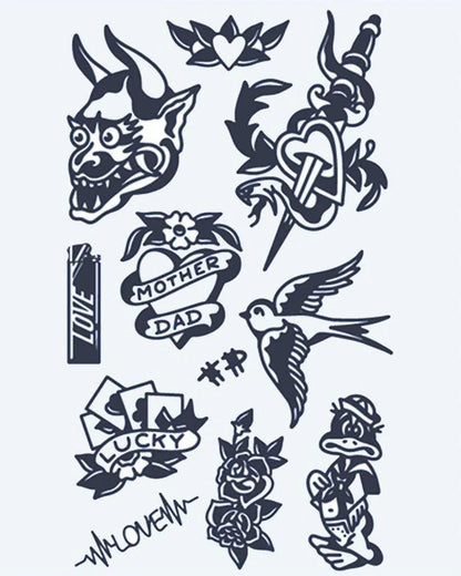 Tatuaje semi-permanente Flash Sheet Old School diseño de INKON – ilustración de americano, flash, hoja, máscara, golondrina, 4 x 7 in (10x17cm), disponible en inkon.co
