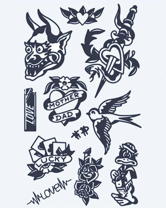 Tatuaje semi-permanente Flash Sheet Old School diseño de INKON – ilustración de americano, flash, hoja, máscara, golondrina, 4 x 7 in (10x17cm), disponible en inkon.co