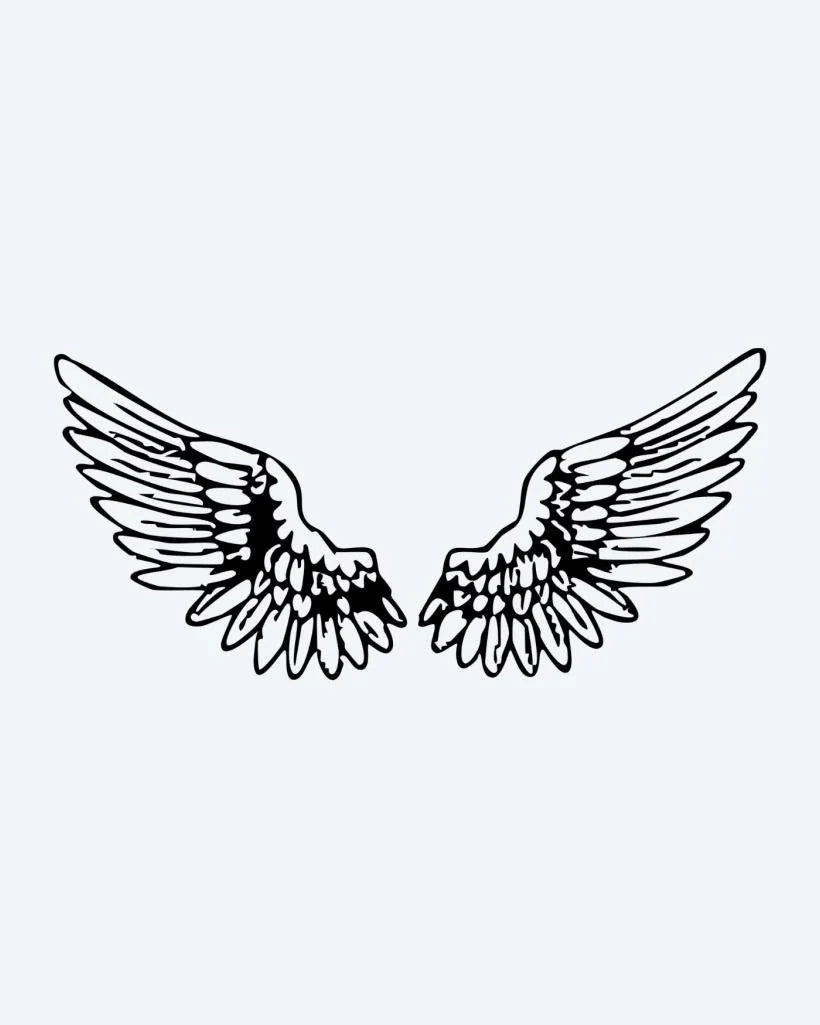 Tatuaje semi-permanente Par de Alas de Ángel diseño de INKON – ilustración de abierto, ángel, alas, ilustrativo, plumas, 4 x 8 in (11x21cm), disponible en inkon.co