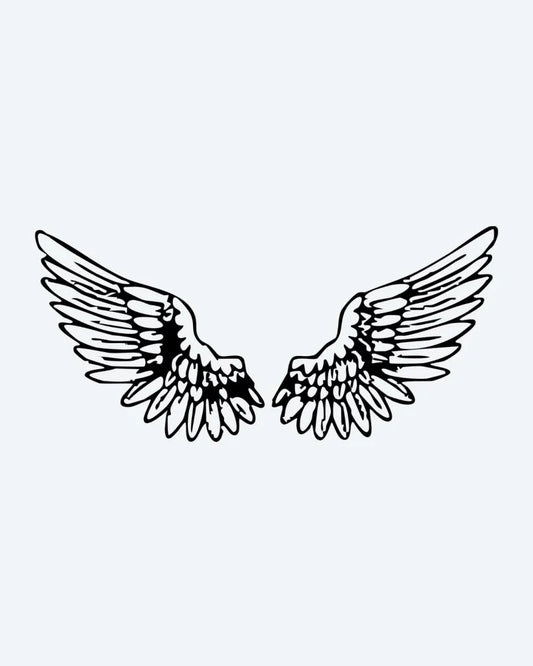 Tatuaje semi-permanente Par de Alas de Ángel diseño de INKON – ilustración de abierto, ángel, alas, ilustrativo, plumas, 4 x 8 in (11x21cm), disponible en inkon.co