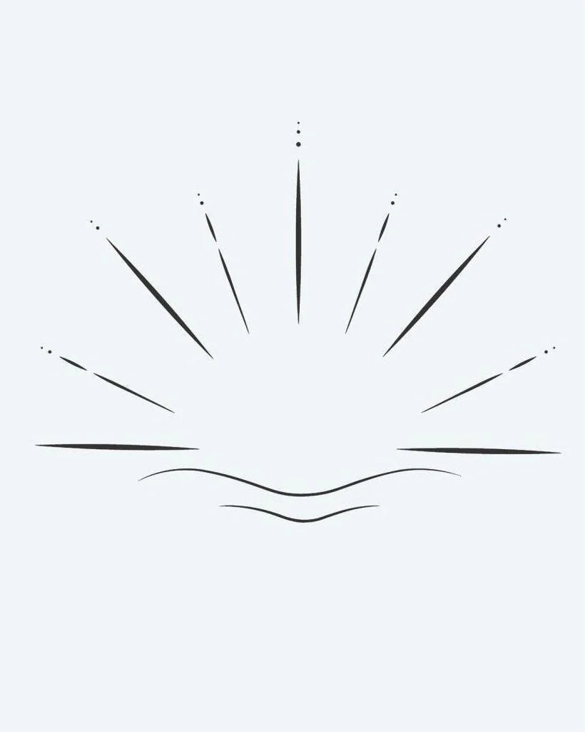 Tatuaje semi-permanente Horizonte al Amanecer diseño de INKON – ilustración de minimalista, amanecer, irradiando, rayos, ondulado, 2 x 2 in (5x5cm), disponible en inkon.co