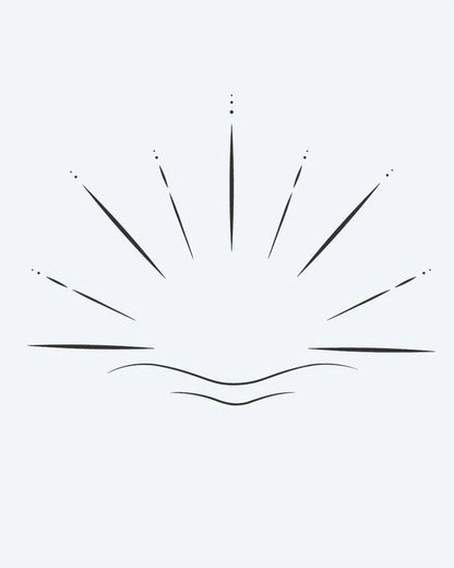 Tatuaje semi-permanente Horizonte al Amanecer diseño de INKON – ilustración de minimalista, amanecer, irradiando, rayos, ondulado, 2 x 2 in (5x5cm), disponible en inkon.co