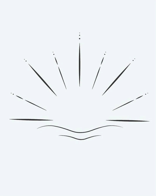 Tatuaje semi-permanente Horizonte al Amanecer diseño de INKON – ilustración de minimalista, amanecer, irradiando, rayos, ondulado, 2 x 2 in (5x5cm), disponible en inkon.co