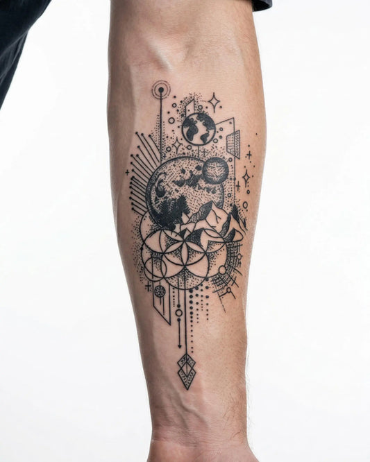 INKON Luna Cósmica y Geometría tatuaje semi-permanente aplicado en un hombre – diseño de 4 x 7 in (10x17cm), apariencia de tinta realista, dura 10 días