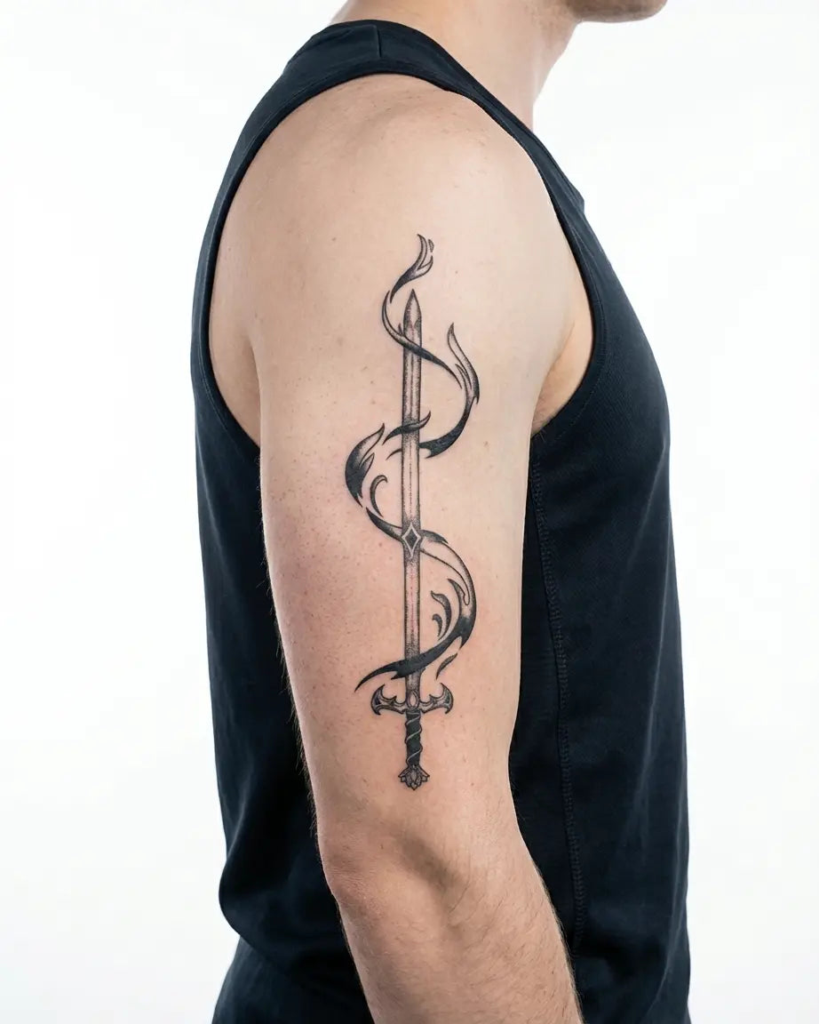 INKON Espada y Llamas Oscuras tatuaje semi-permanente aplicado en un hombre – diseño de 4 x 8 in (11x21cm), apariencia de tinta realista, dura 10 días