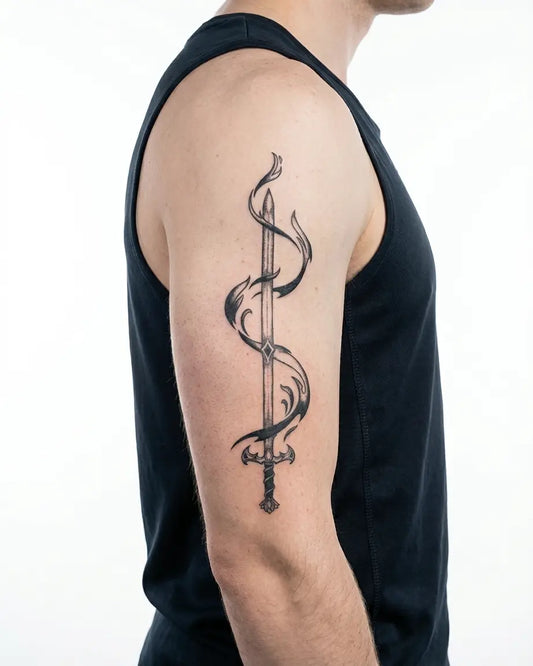 INKON Espada y Llamas Oscuras tatuaje semi-permanente aplicado en un hombre – diseño de 4 x 8 in (11x21cm), apariencia de tinta realista, dura 10 días