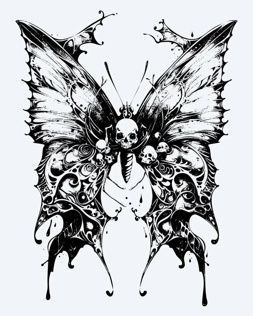 Tatuaje semi-permanente Mariposa Calavera diseño de INKON – ilustración de gótico, mariposa, ornamentado, alas, incrustado, 4 x 7 in (10x17cm), disponible en inkon.co