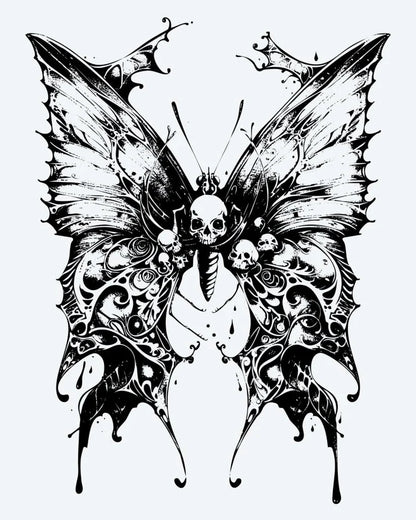 Tatuaje semi-permanente Mariposa Calavera diseño de INKON – ilustración de gótico, mariposa, ornamentado, alas, incrustado, 4 x 7 in (10x17cm), disponible en inkon.co