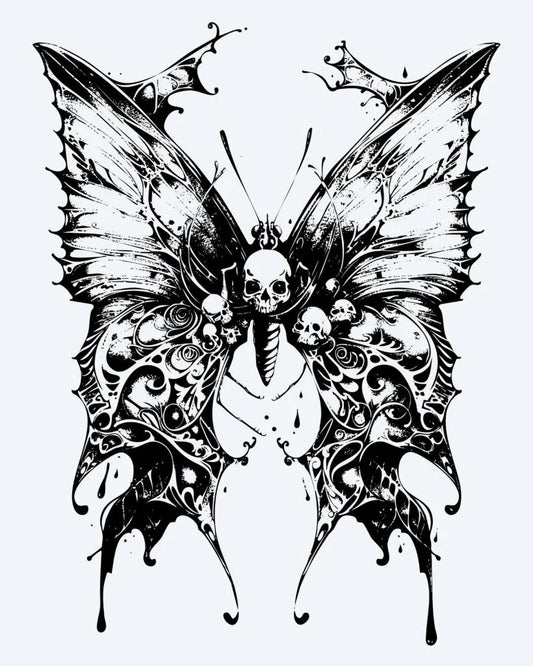 Tatuaje semi-permanente Mariposa Calavera diseño de INKON – ilustración de gótico, mariposa, ornamentado, alas, incrustado, 4 x 7 in (10x17cm), disponible en inkon.co