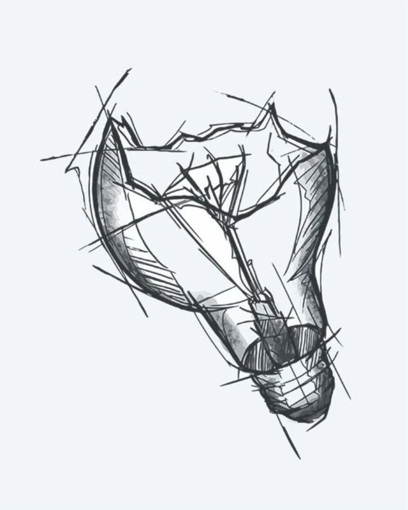 Tatuaje semi-permanente Foco Roto diseño de INKON – ilustración de estilo boceto, roto, luz, bombilla, ilustrativo, 3 x 4 in (7x10cm), disponible en inkon.co