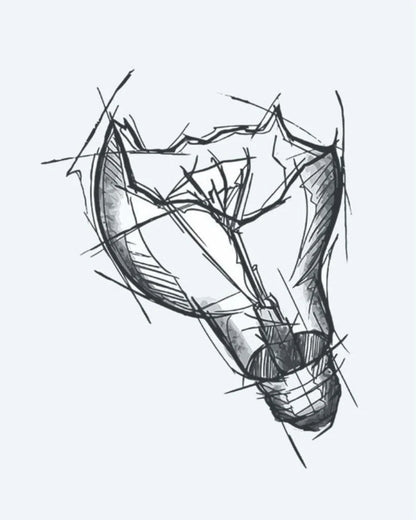 Tatuaje semi-permanente Foco Roto diseño de INKON – ilustración de estilo boceto, roto, luz, bombilla, ilustrativo, 3 x 4 in (7x10cm), disponible en inkon.co
