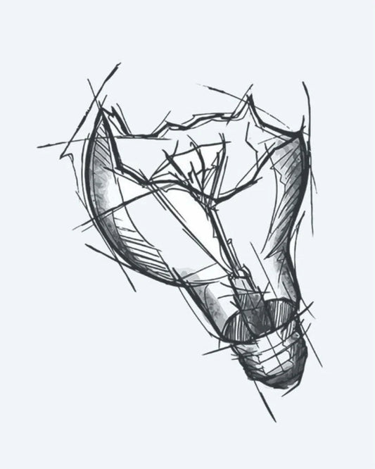 Tatuaje semi-permanente Foco Roto diseño de INKON – ilustración de estilo boceto, roto, luz, bombilla, ilustrativo, 3 x 4 in (7x10cm), disponible en inkon.co