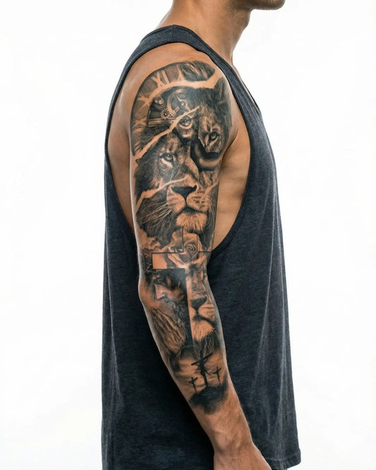 INKON León, Cruz y Manos en Oración tatuaje semi-permanente aplicado en un hombre – diseño de 8 x 20 in (20x50cm), apariencia de tinta realista, dura 10 días