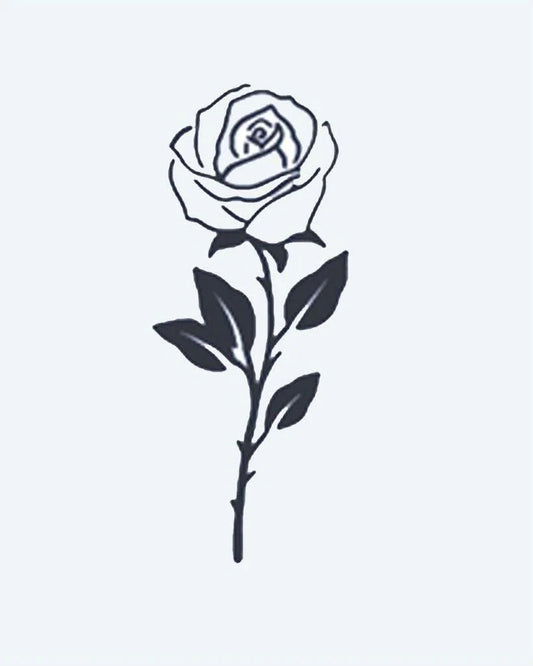 Tatuaje semi-permanente Rosa de Tallo Largo diseño de INKON – ilustración de único, tallo, rosa, pétalos, hojas, 2 x 2 in (5x5cm), disponible en inkon.co