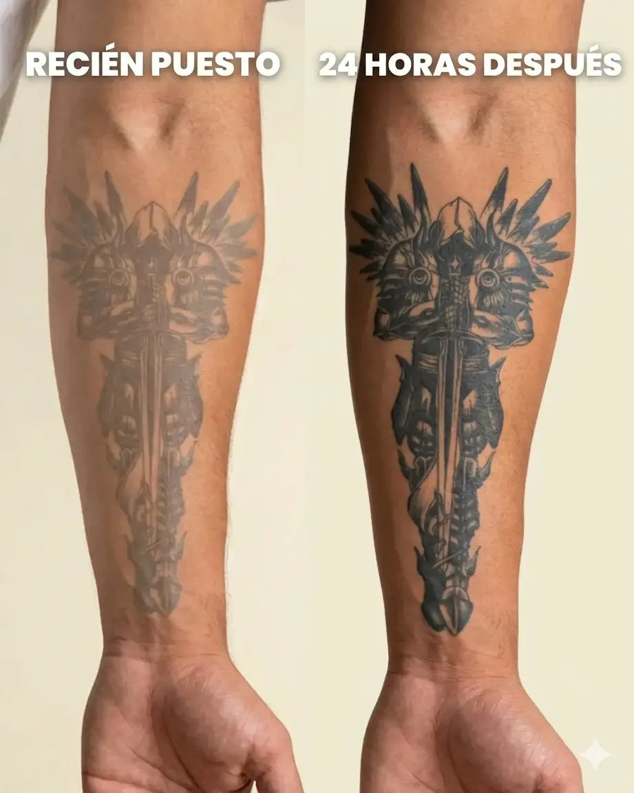 Tatuaje semi-permanente INKON antes y después – a la izquierda se ve la apariencia tenue justo después de aplicarlo, a la derecha el resultado final oscuro y realista en dotwork 24 horas después, gracias a la tecnología de tinta herbal InstantInk™