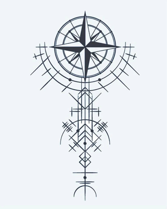 Tatuaje semi-permanente Rosa de los Vientos Geométrica diseño de INKON – ilustración de brújula, estrella, geométrico, línea, patrones, 4 x 7 in (10x17cm), disponible en inkon.co