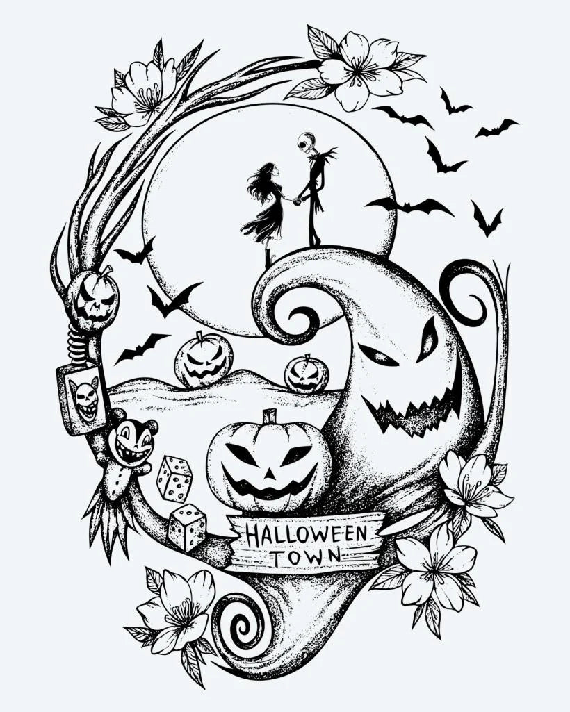Tatuaje semi-permanente Halloween Town diseño de INKON – ilustración de caprichoso, halloween, escena, jack, linternas, 4 x 7 in (10x17cm), disponible en inkon.co