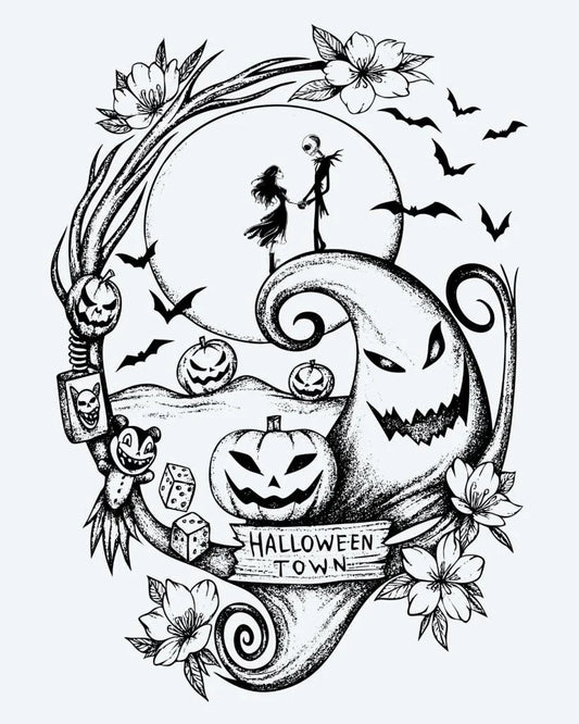 Tatuaje semi-permanente Halloween Town diseño de INKON – ilustración de caprichoso, halloween, escena, jack, linternas, 4 x 7 in (10x17cm), disponible en inkon.co