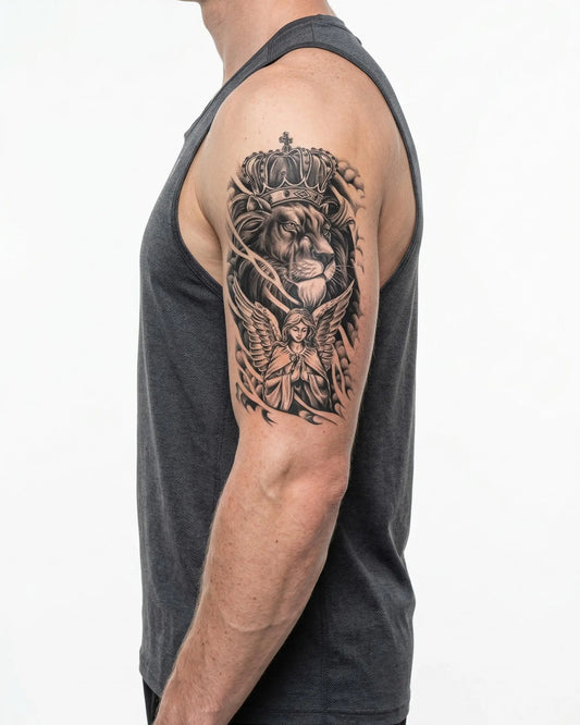 INKON León Coronado y Ángel tatuaje semi-permanente aplicado en un hombre – diseño de 4 x 7 in (10x17cm), apariencia de tinta realista, dura 10 días