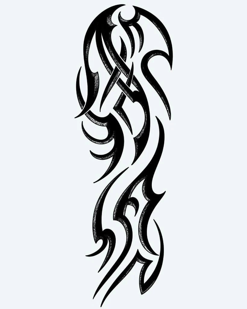 Tatuaje semi-permanente Manga Tribal Fluida diseño de INKON – ilustración de dinámico, tribal, fluido, curvas, puntiagudo, 8 x 20 in (20x50cm), disponible en inkon.co