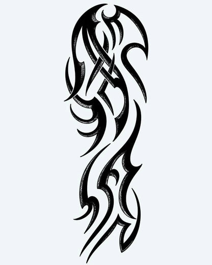 Tatuaje semi-permanente Manga Tribal Fluida diseño de INKON – ilustración de dinámico, tribal, fluido, curvas, puntiagudo, 8 x 20 in (20x50cm), disponible en inkon.co