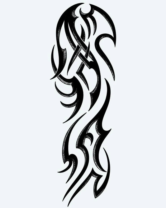 Tatuaje semi-permanente Manga Tribal Fluida diseño de INKON – ilustración de dinámico, tribal, fluido, curvas, puntiagudo, 8 x 20 in (20x50cm), disponible en inkon.co