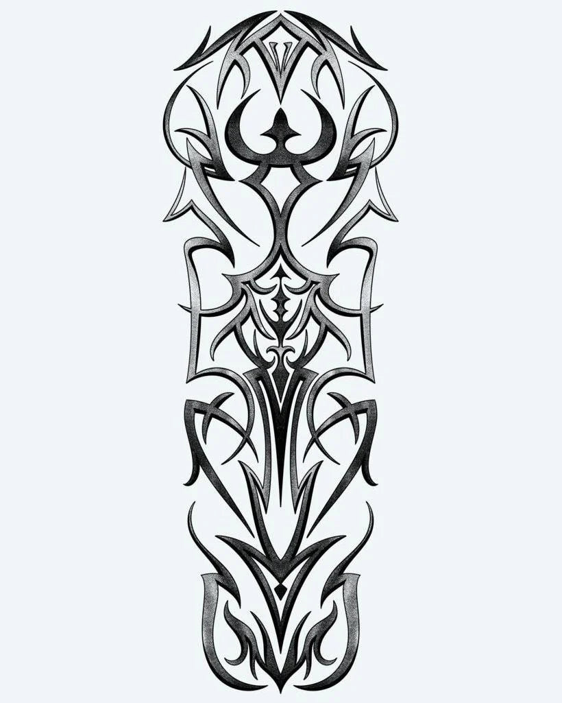 Tatuaje semi-permanente Simetría Tribal Gótica diseño de INKON – ilustración de simétrico, gótico, tribal, afilado, entrelazado, 8 x 20 in (20x50cm), disponible en inkon.co