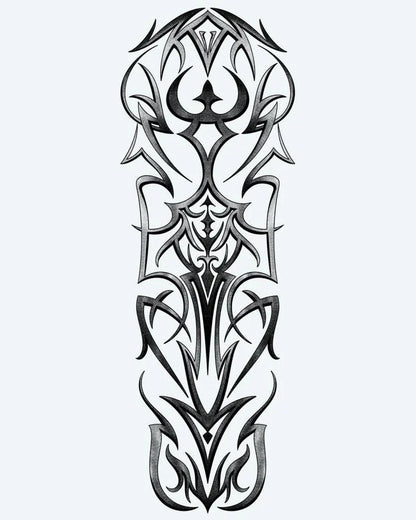 Tatuaje semi-permanente Simetría Tribal Gótica diseño de INKON – ilustración de simétrico, gótico, tribal, afilado, entrelazado, 8 x 20 in (20x50cm), disponible en inkon.co