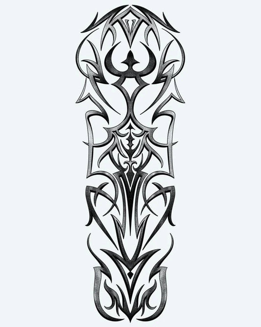 Tatuaje semi-permanente Simetría Tribal Gótica diseño de INKON – ilustración de simétrico, gótico, tribal, afilado, entrelazado, 8 x 20 in (20x50cm), disponible en inkon.co